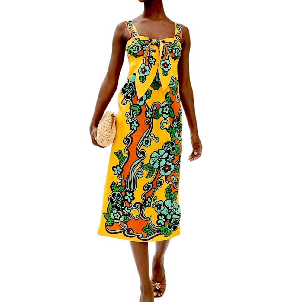 ALEMAIS Flame Linen Yellow‎ Orange Green Floral Midi Dress Size 8